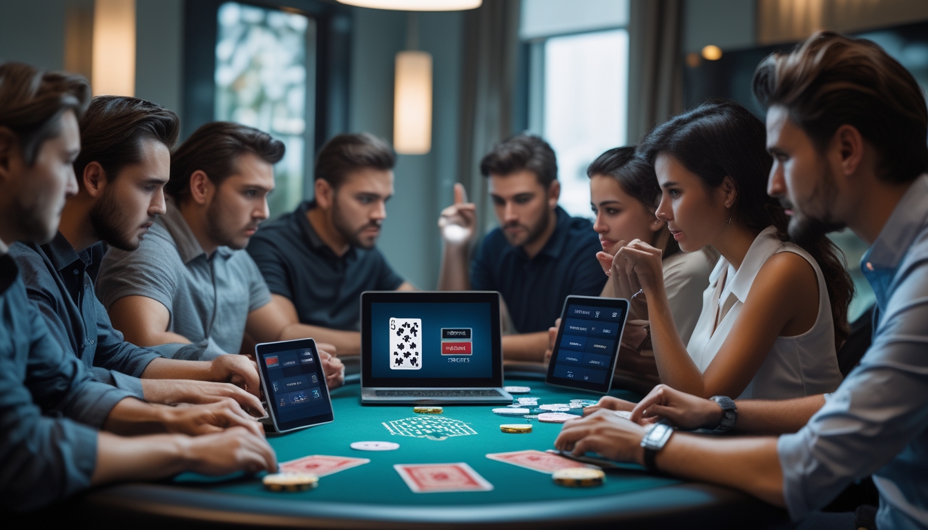 Sekelompok pemain poker serius bermain poker online di meja modern dengan laptop dan tablet, menunjukkan suasana permainan yang fokus dan profesional.