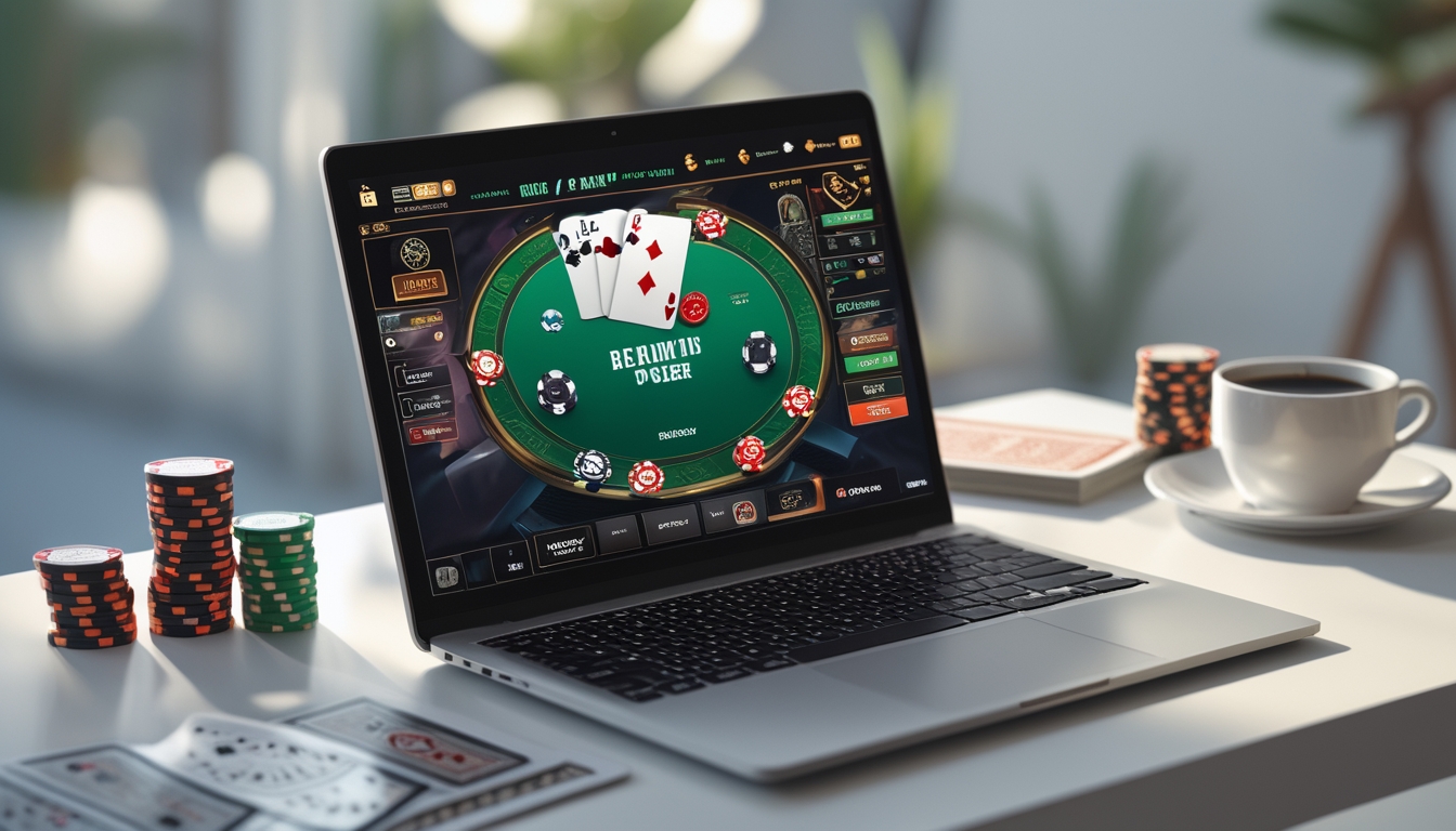 Sebuah meja dengan komputer menampilkan permainan poker online, dikelilingi oleh chip poker dan kartu remi.