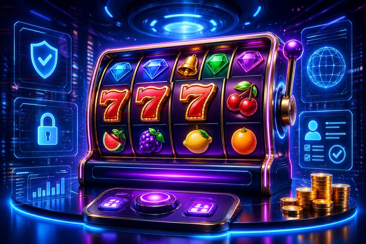 Tampilan mesin slot online futuristik dengan simbol berwarna-warni dan latar belakang berlampu neon biru dan ungu.