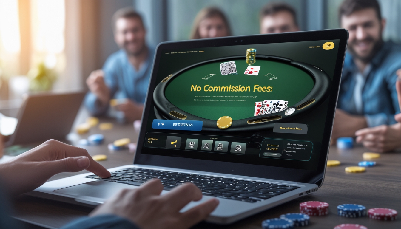 Seorang pemain poker online menggunakan laptop dengan meja poker digital dan chip, menunjukkan suasana permainan poker yang profesional dan aman.