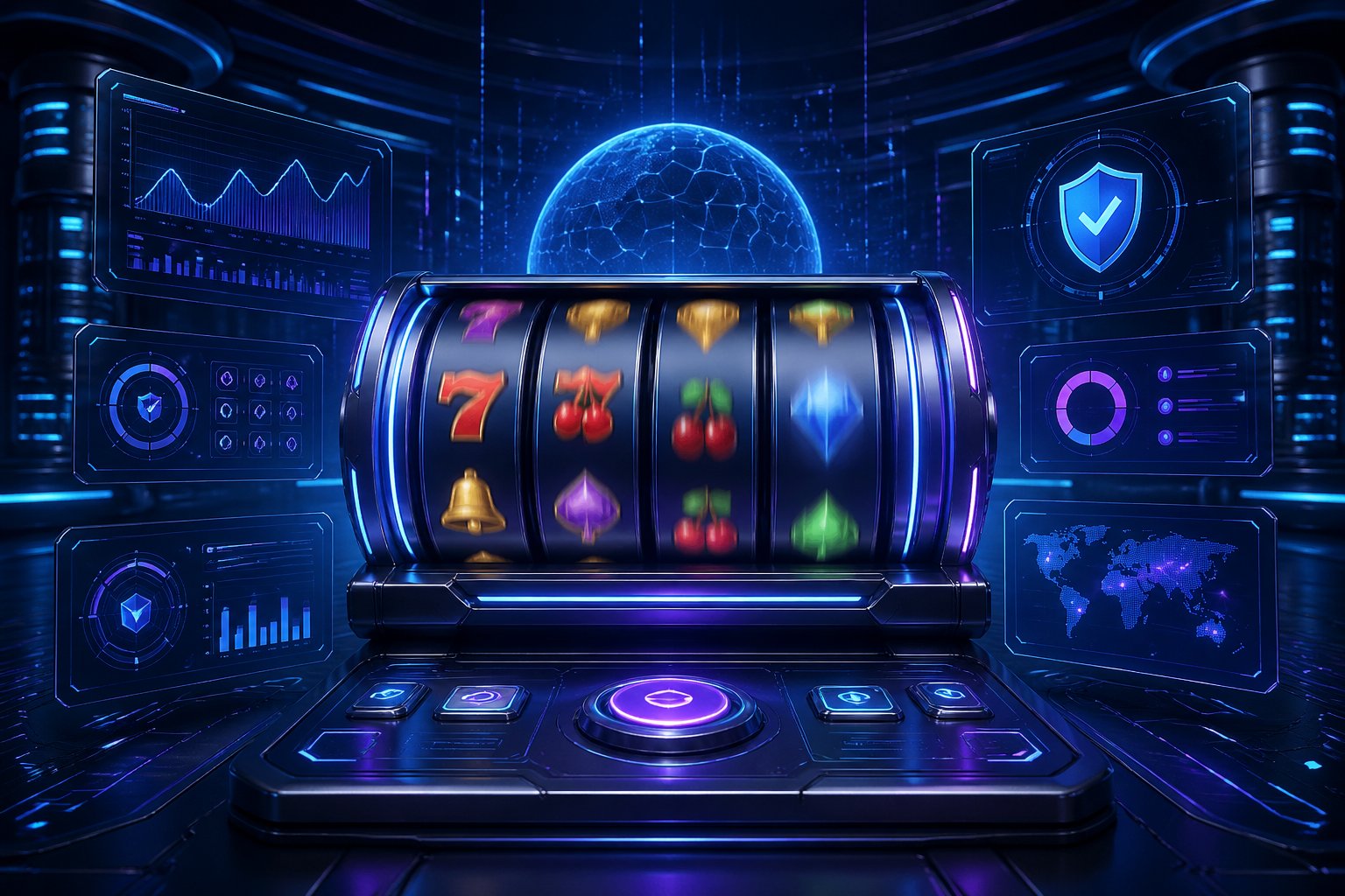Tampilan mesin slot digital futuristik dengan panel data holografik yang menunjukkan stabilitas sistem dalam ruangan kontrol berteknologi tinggi.