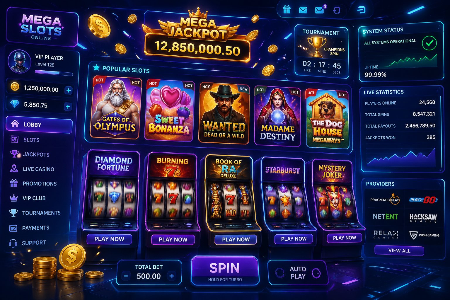 Tampilan 3D dari antarmuka permainan slot online dengan mesin slot berwarna-warni dan layar digital di latar belakang yang menunjukkan statistik permainan.