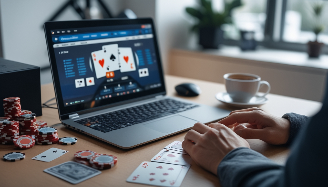 Seorang pemain poker online sedang bermain di depan laptop dengan chip poker dan kartu di meja kerja yang rapi.