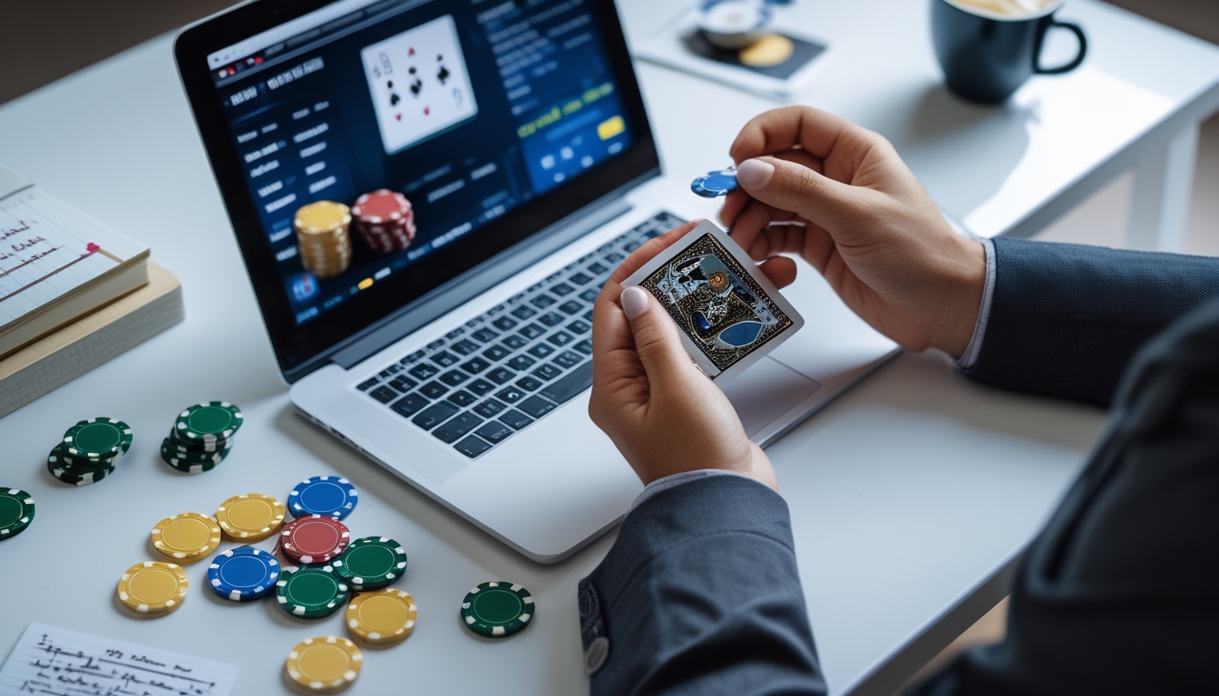 Seseorang sedang bermain poker online di laptop dengan chip poker dan kartu di meja, menunjukkan fokus pada permainan dan pengelolaan modal.