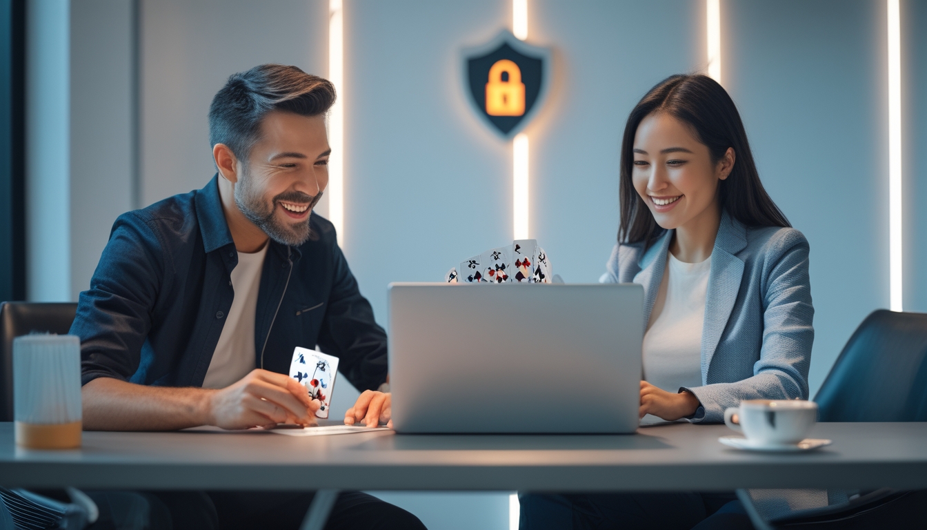 Dua orang dewasa bermain poker online menggunakan laptop dan tablet di meja modern dengan suasana yang ramah dan profesional.