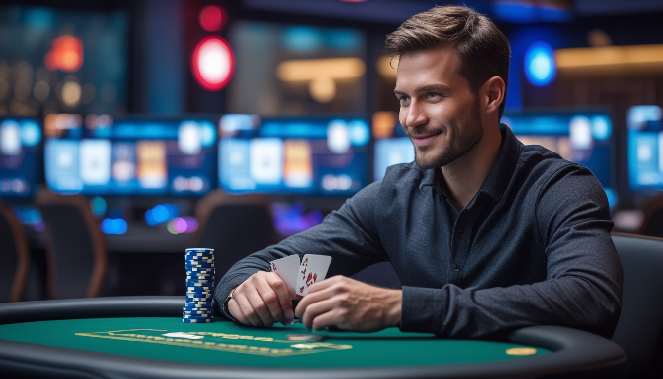 Seorang pria duduk di meja poker dengan tumpukan chip dan kartu, dikelilingi layar komputer yang menampilkan permainan poker online.