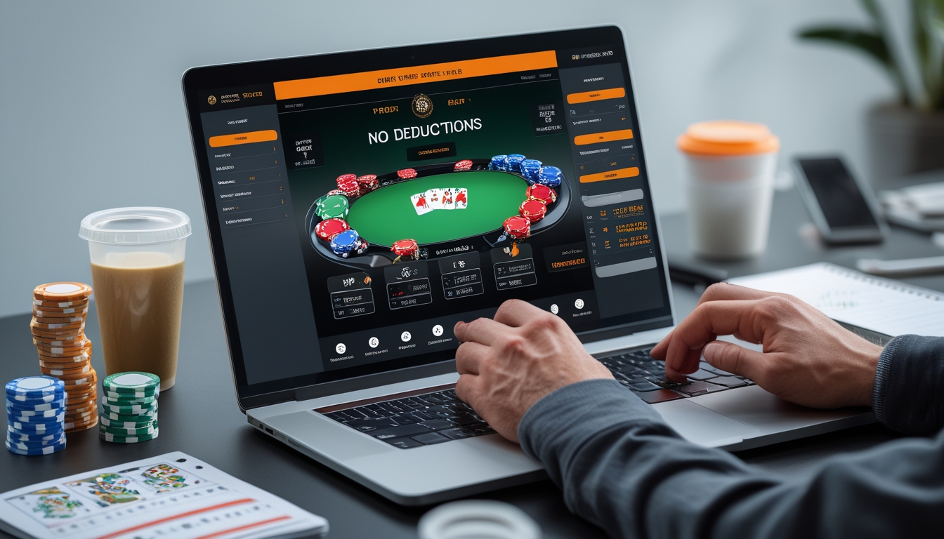 Seorang pemain poker online sedang menggunakan laptop dengan tumpukan chip poker di meja, menunjukkan suasana fokus dan strategi dalam bermain poker tanpa potongan.