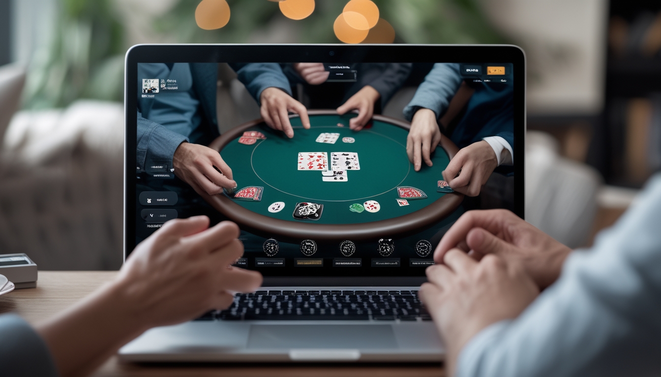 Layar laptop menampilkan permainan poker online dengan tumpukan chip dan kartu, tangan pemain sedang berinteraksi dengan permainan.