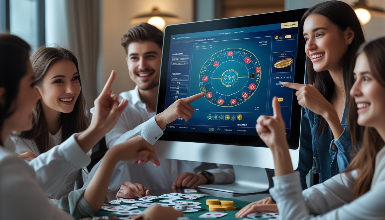 Orang-orang muda sedang bermain baccarat online di depan komputer dengan suasana yang ceria dan menarik.