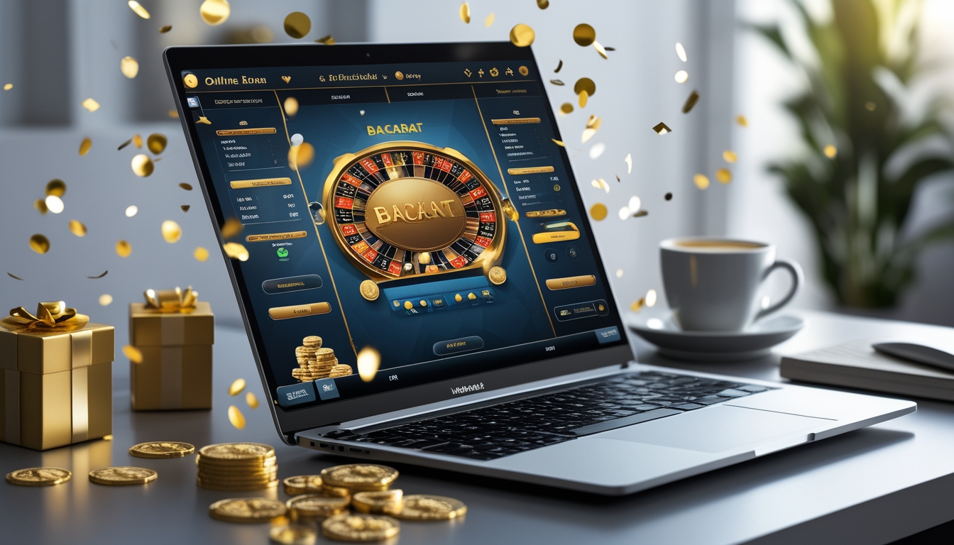 Seseorang bermain permainan baccarat online di depan komputer dengan chip dan kartu di layar, dikelilingi oleh koin emas dan hadiah di meja.
