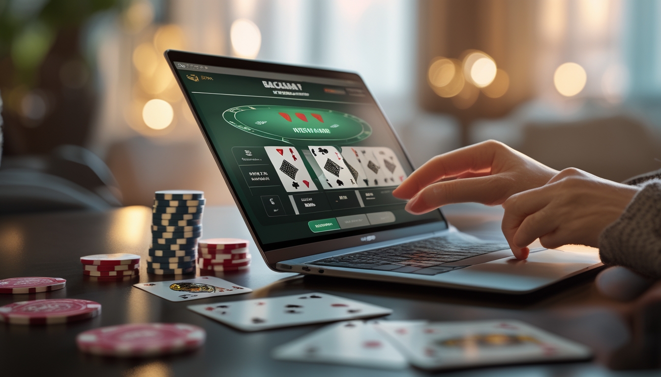 Seseorang sedang bermain baccarat online menggunakan laptop dengan chip dan kartu di sekitar meja permainan.