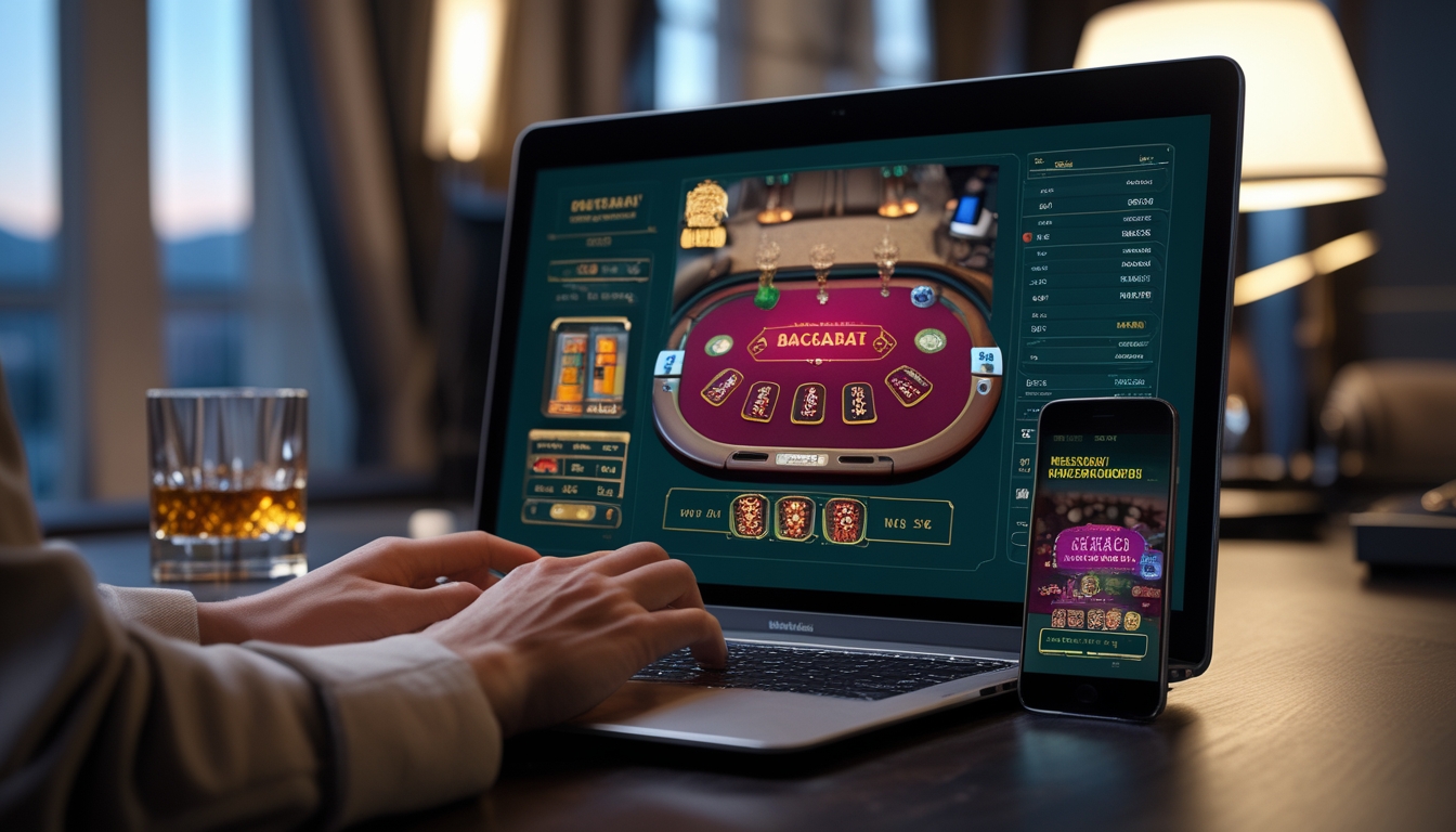 Seseorang menggunakan komputer dan ponsel untuk bermain permainan baccarat online dengan suasana nyaman di ruang tamu.