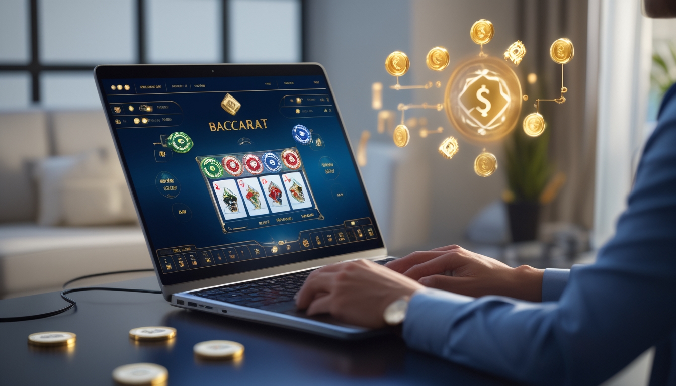 Seorang pria menggunakan laptop dengan tampilan permainan baccarat online di layar, di ruangan yang terang dan nyaman.