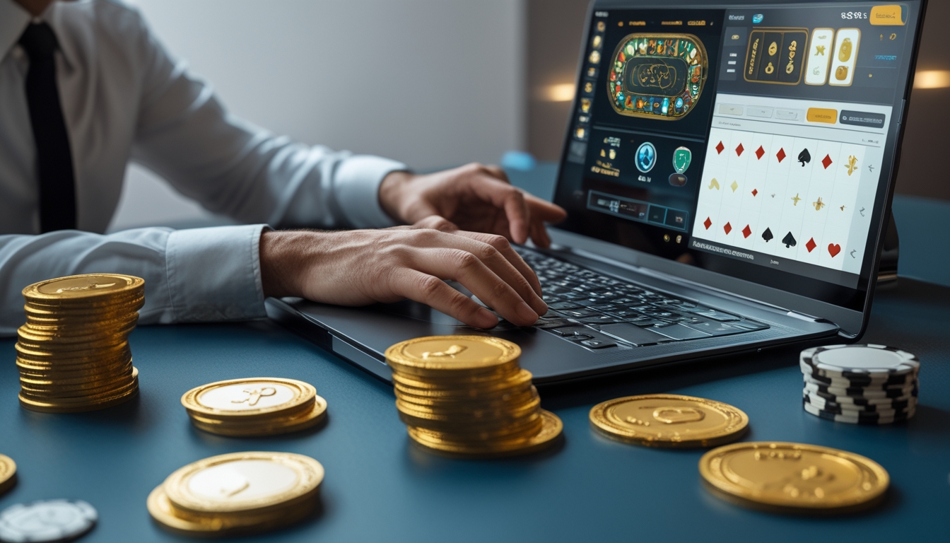 Seorang pria menggunakan laptop dengan tampilan permainan baccarat online di layar, di meja terdapat chip poker dan koin emas sebagai simbol bonus dan hadiah.