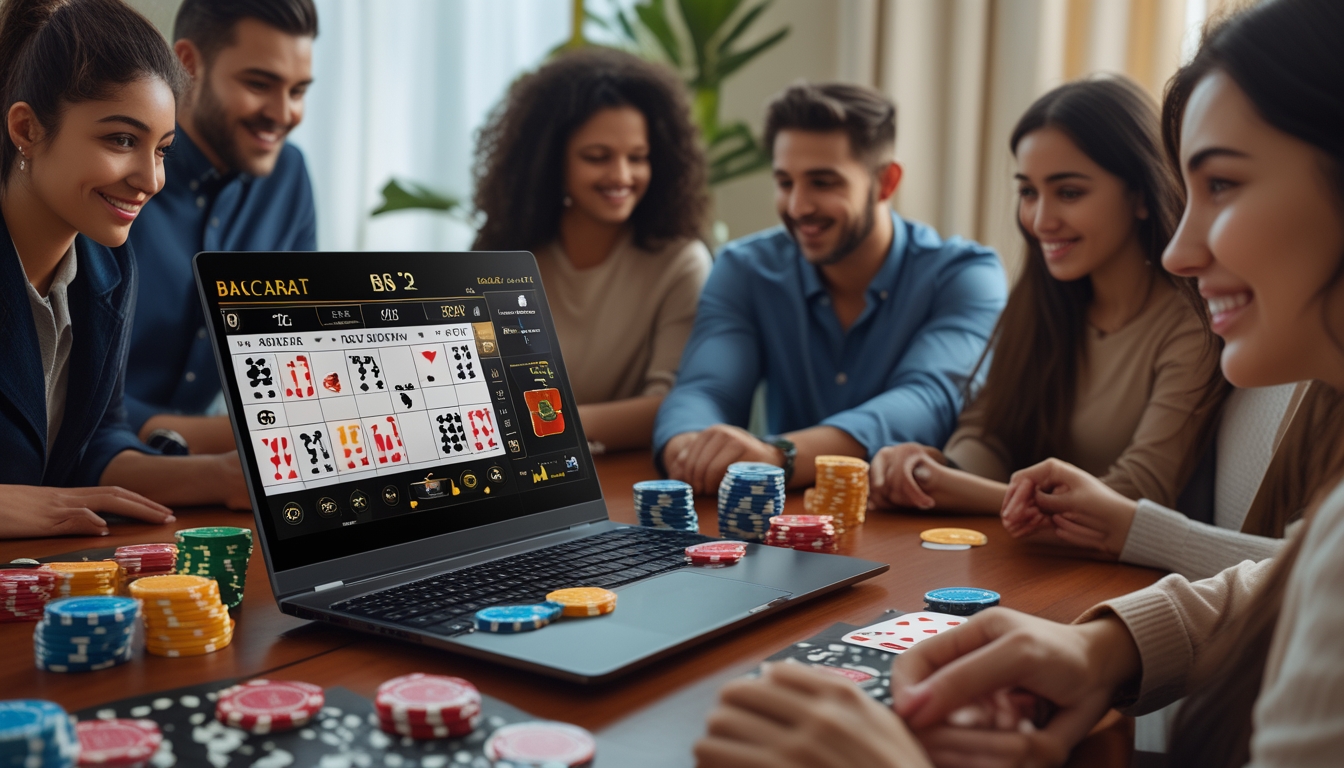 Beberapa orang muda duduk di sekitar meja dengan laptop yang menampilkan permainan baccarat online dan chip kasino di atas meja.