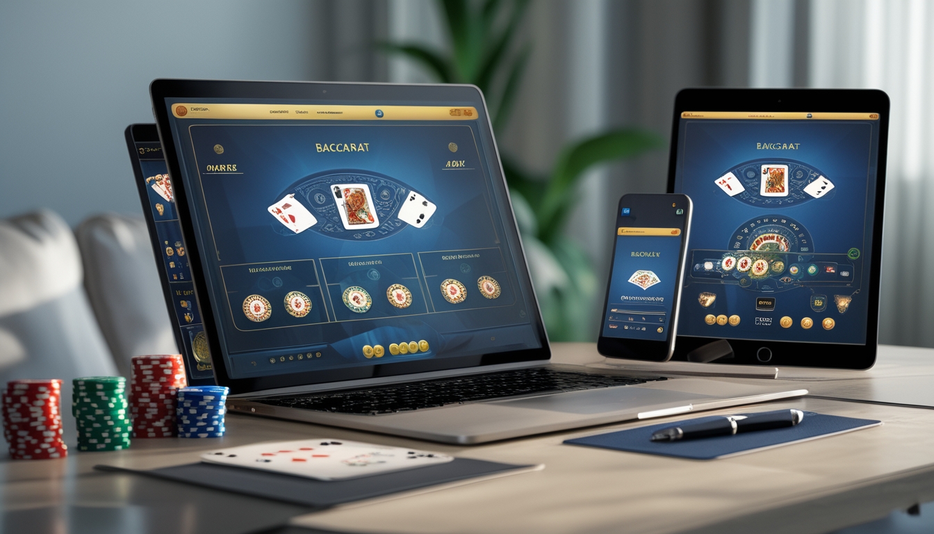 Seorang pemain berjudi online menggunakan laptop dengan tampilan permainan baccarat, di meja terdapat kartu dan chip poker.