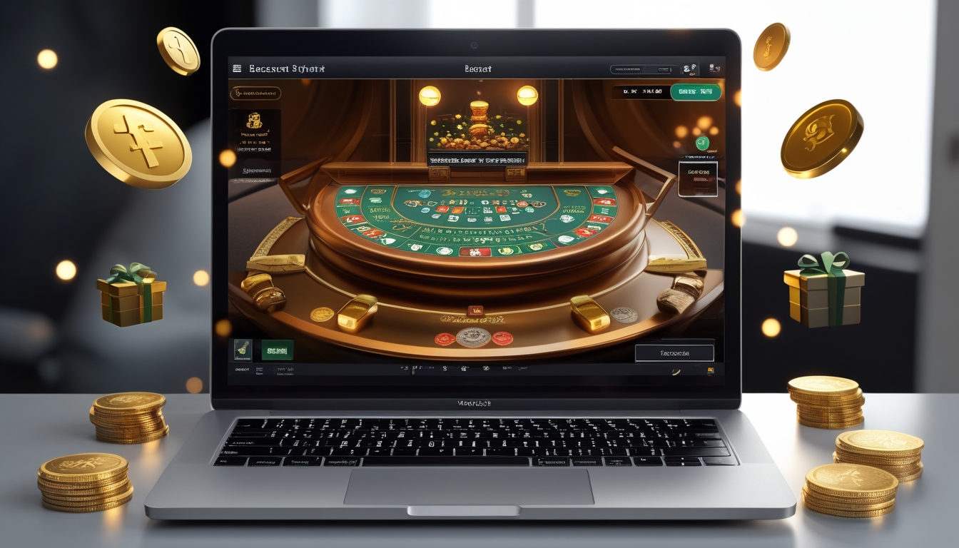 Seorang pemain sedang menggunakan komputer dengan tampilan permainan baccarat online dan simbol bonus di sekitar layar.