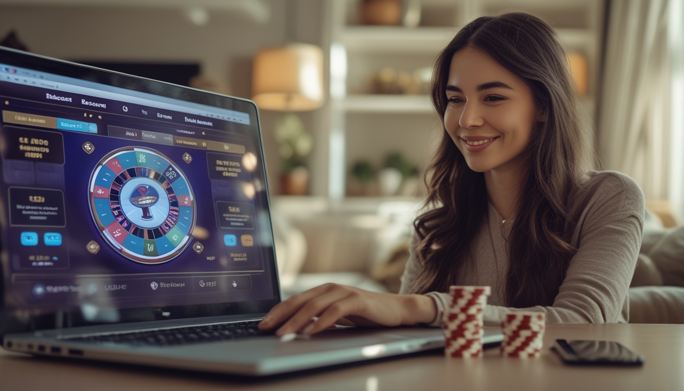 Seorang pemula bermain baccarat online di laptop di rumah dengan suasana nyaman dan peralatan permainan di sekitar.