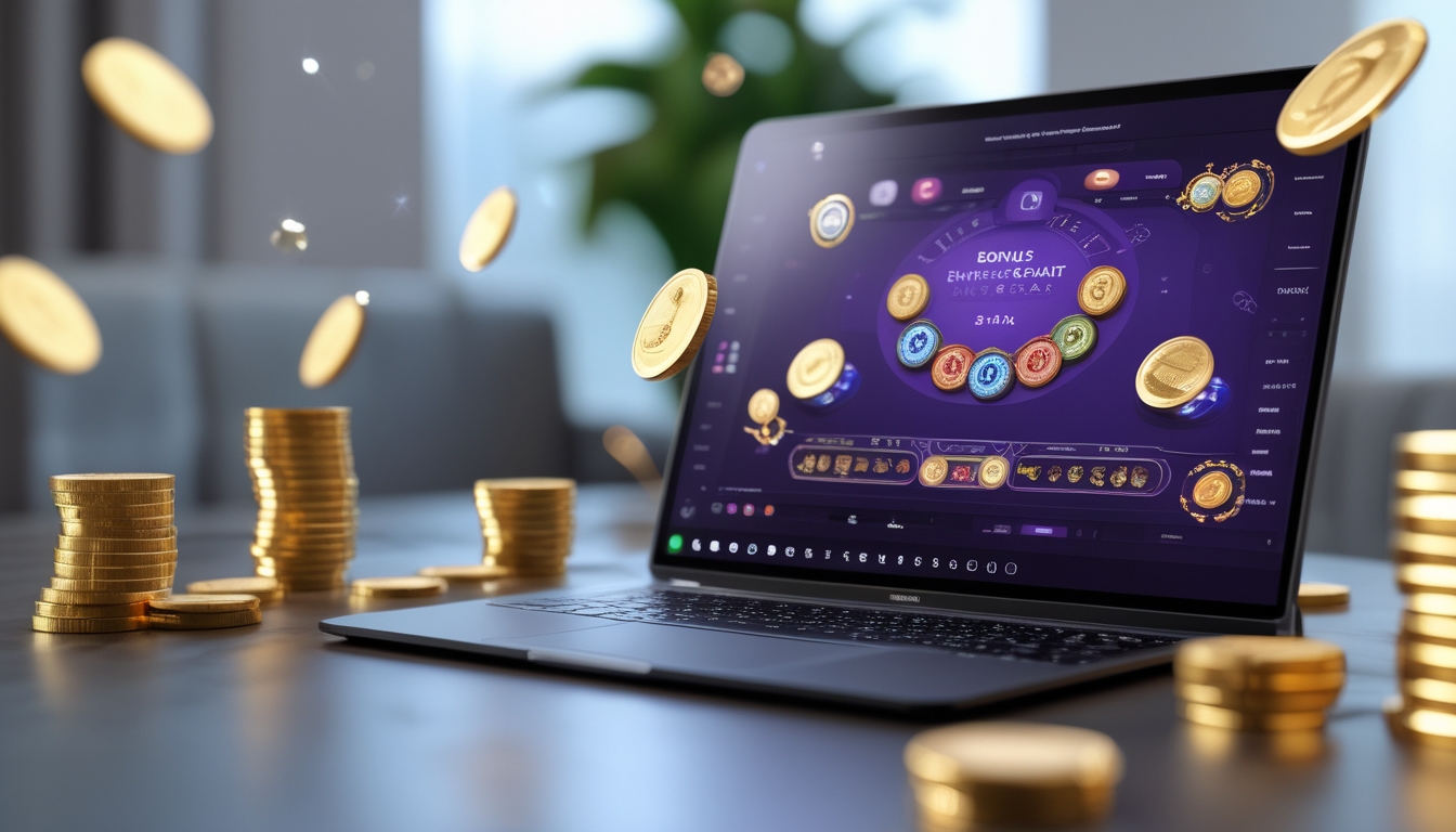 Seorang pemain menggunakan laptop untuk bermain baccarat online dengan koin emas dan simbol bonus di sekitar perangkat.