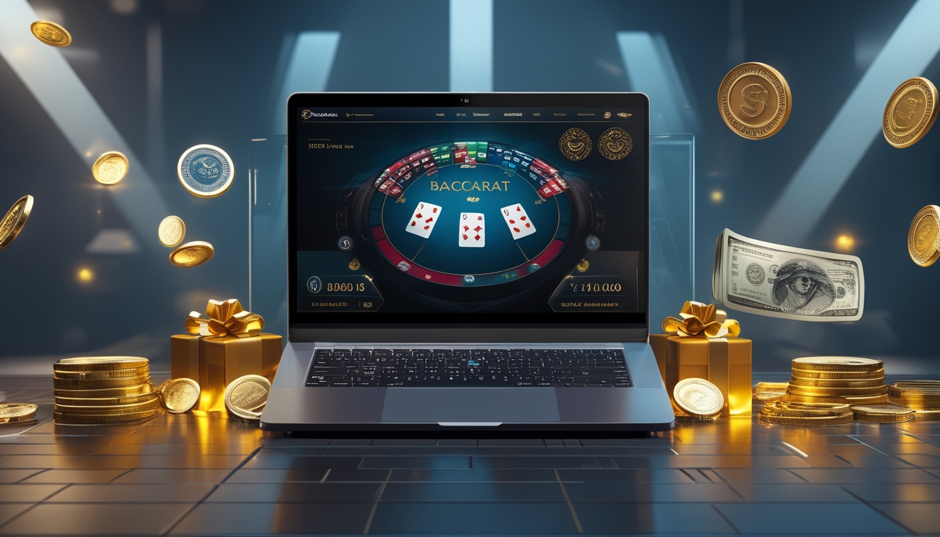 Seorang pemain sedang menikmati permainan baccarat online di depan layar komputer dengan chip dan kartu di meja, dikelilingi simbol-simbol bonus dan hadiah.