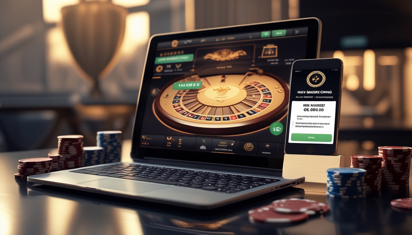 Sebuah perangkat elektronik menampilkan permainan baccarat online dengan kartu dan chip kasino di sekitarnya, menunjukkan suasana permainan kasino online yang menarik.