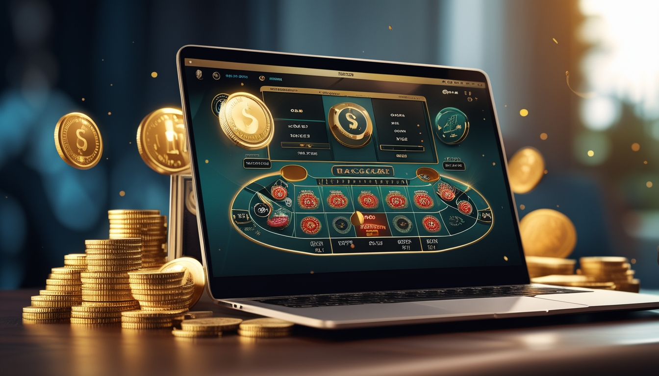 Sebuah meja dengan komputer menampilkan permainan baccarat online, dikelilingi oleh chip poker dan koin emas yang melambangkan bonus dan peluang menang.