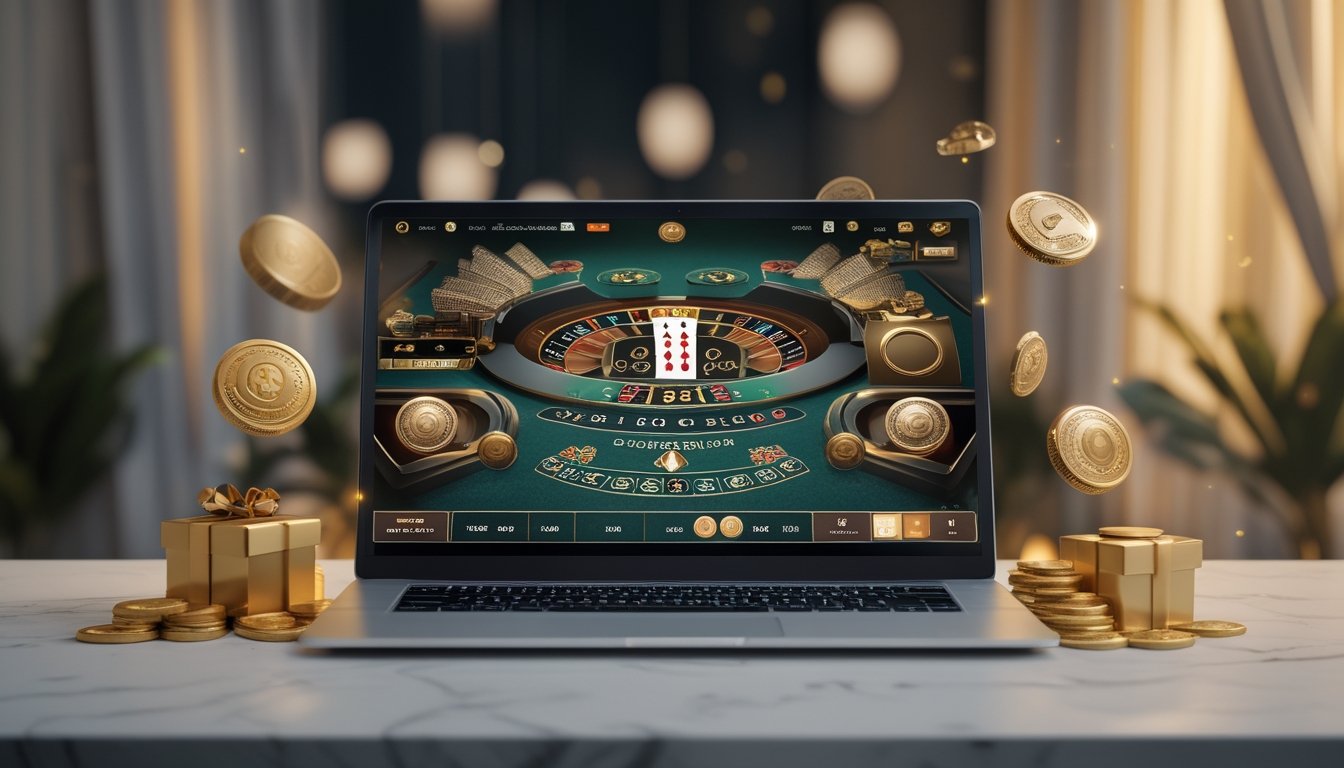 Sebuah laptop menampilkan permainan baccarat online dengan kartu dan chip di meja, dikelilingi oleh koin emas dan hadiah kecil di latar yang hangat dan mengundang.