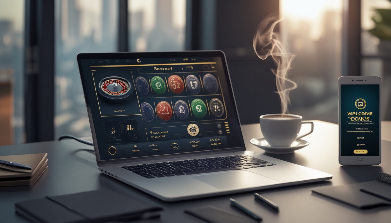 Meja kerja dengan laptop menampilkan permainan baccarat online dan ponsel yang menunjukkan notifikasi bonus anggota baru.