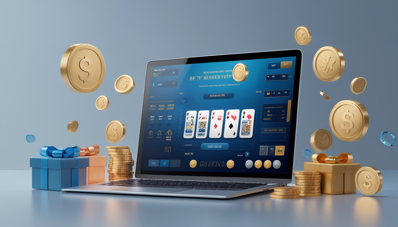 Seorang pemain menggunakan laptop yang menampilkan permainan baccarat online dengan chip dan kartu di layar, dikelilingi oleh simbol koin dan hadiah.