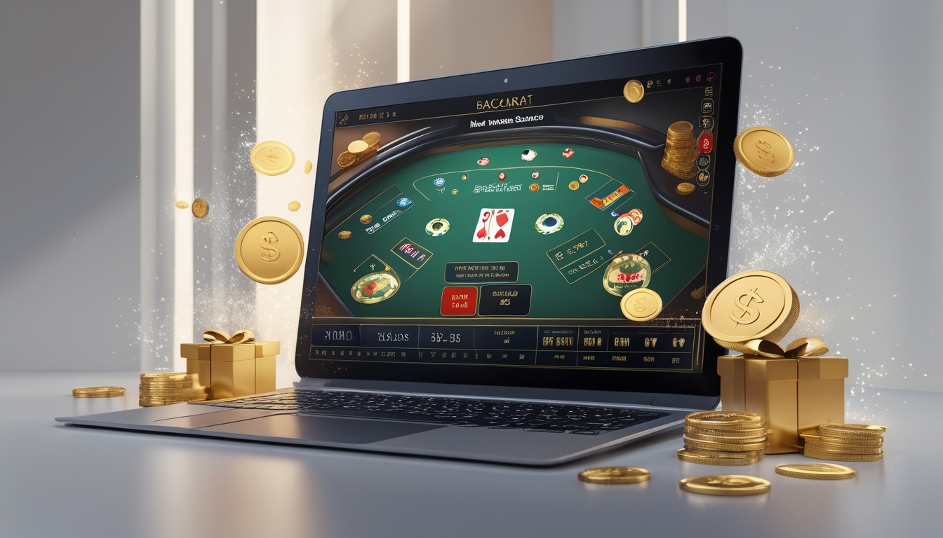 Seorang pemain sedang menggunakan laptop dengan tampilan permainan baccarat online dan simbol bonus seperti koin emas dan kotak hadiah di sekitarnya.