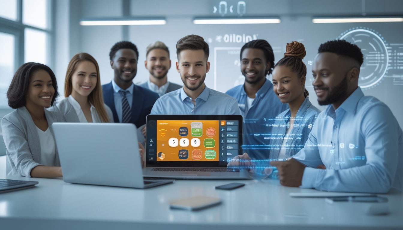 Sekelompok orang menggunakan laptop dan perangkat digital di kantor yang terang, dengan simbol keamanan digital di latar belakang.