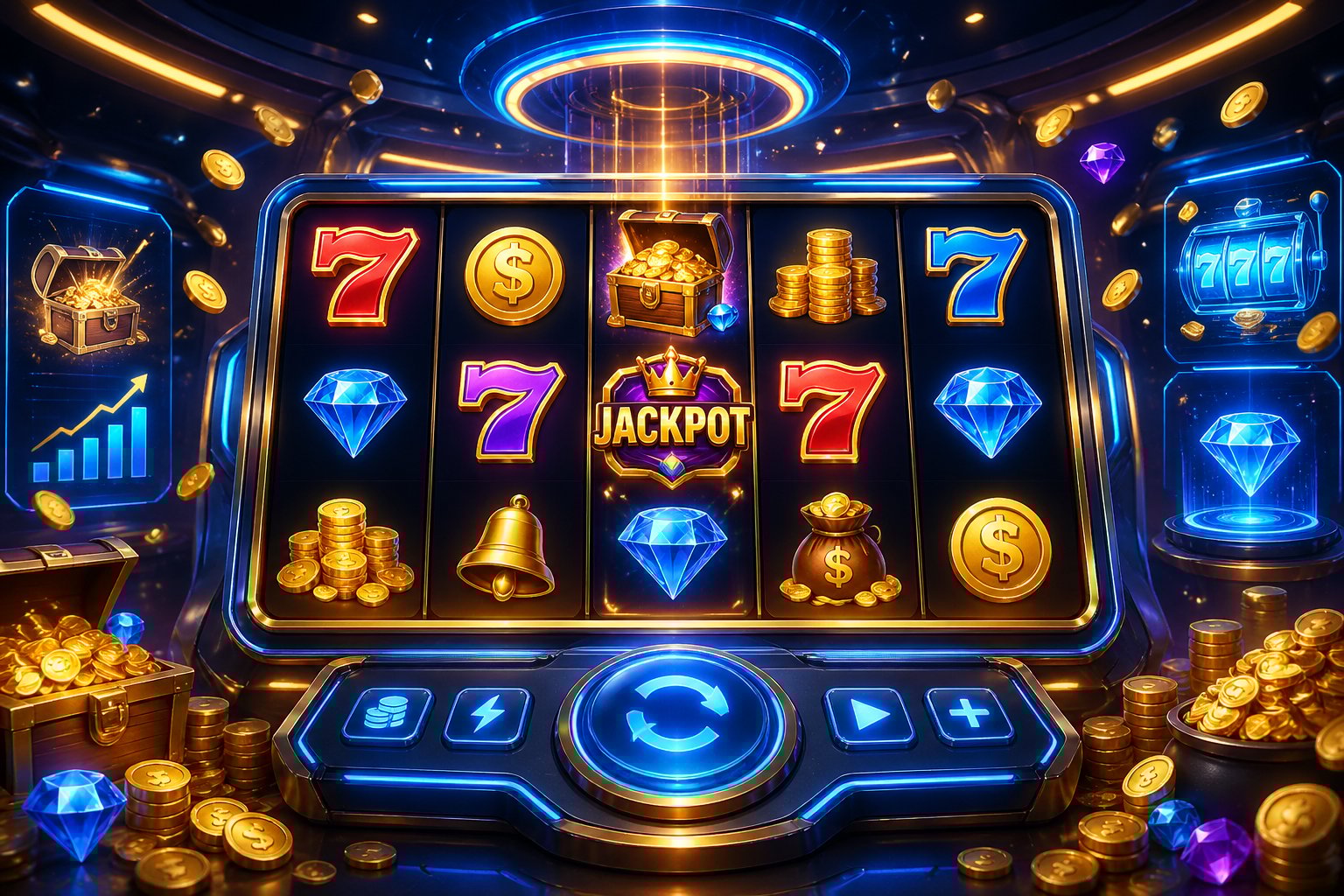 Sebuah mesin slot digital berwarna cerah dengan simbol keberuntungan dan koin emas di latar kasino modern yang futuristik.