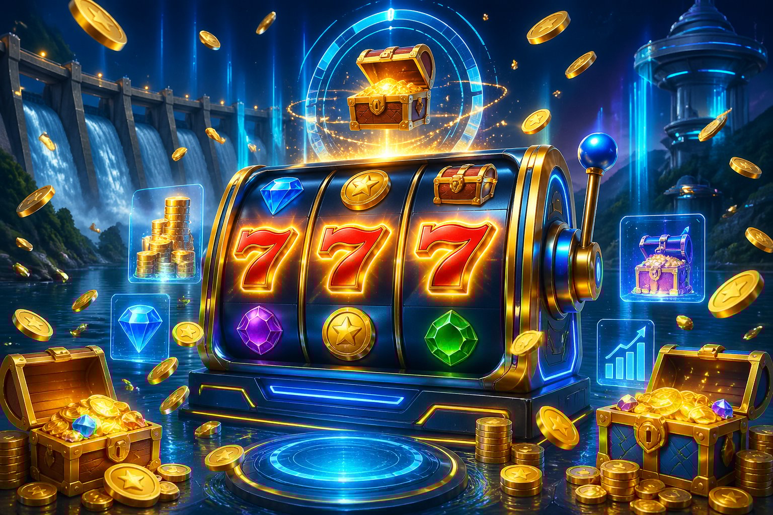 Tampilan mesin slot online berwarna cerah dengan simbol keberuntungan dan koin berjatuhan di latar digital futuristik.