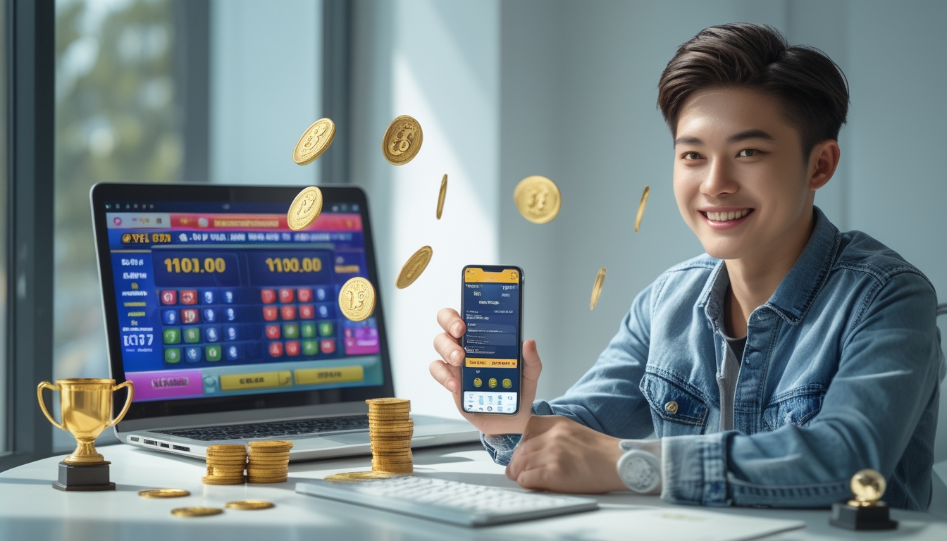 Seorang dewasa muda duduk di depan laptop dan ponsel, tersenyum sambil melihat layar yang menampilkan permainan togel online dan hadiah jackpot besar.