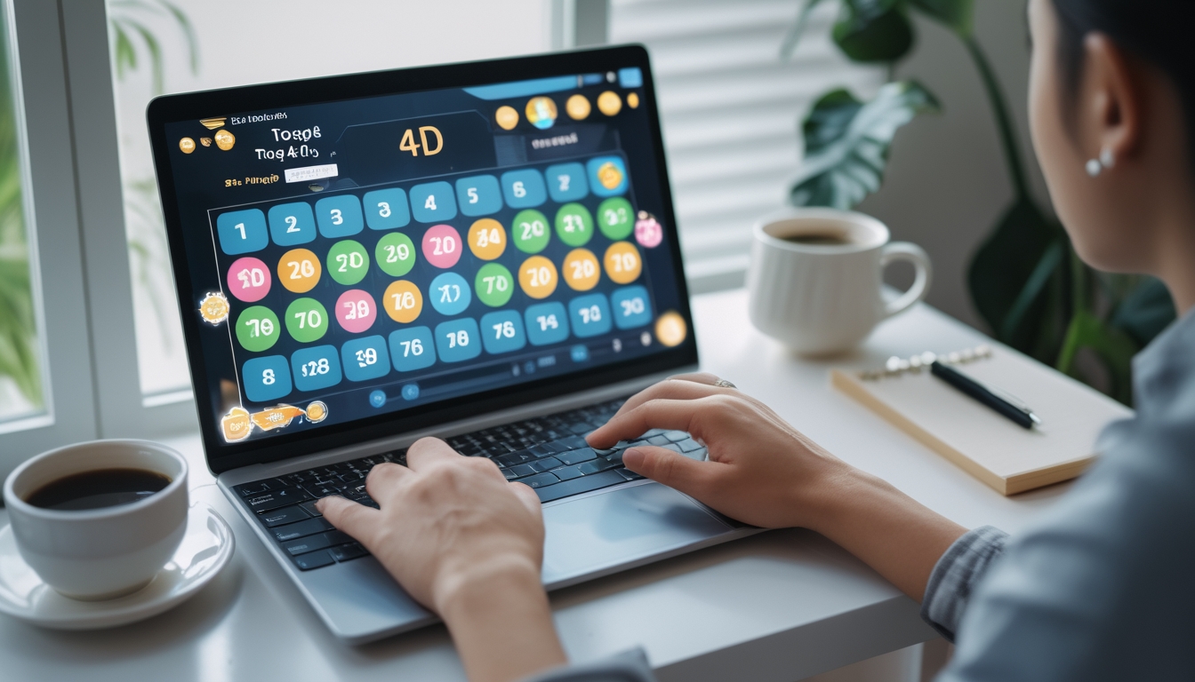 Seseorang sedang menggunakan laptop di meja kerja dengan suasana ruangan yang nyaman, fokus bermain togel 4D online.