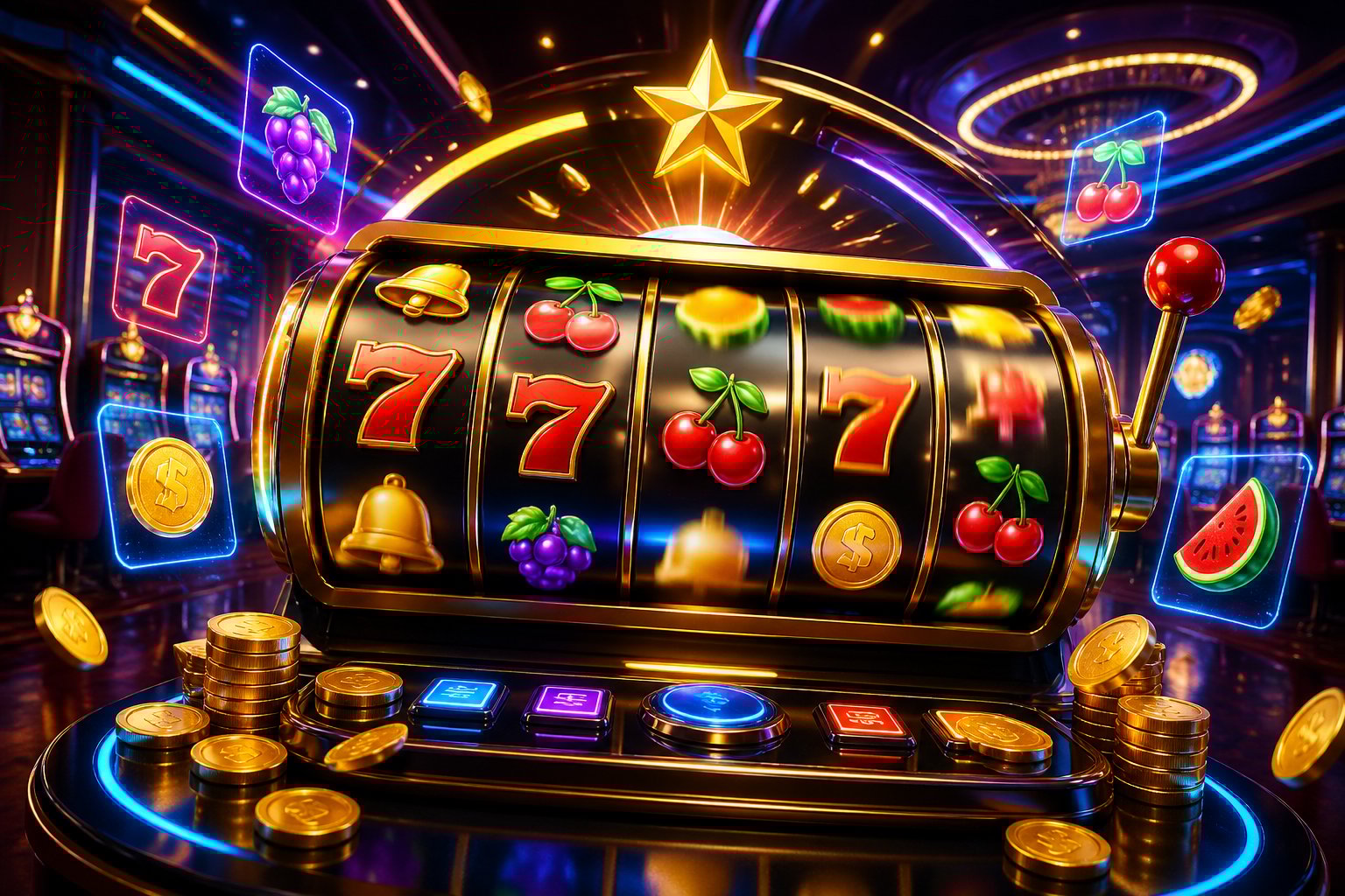 Tampilan mesin slot digital dengan gulungan berwarna-warni dan lampu neon di latar belakang kasino modern.