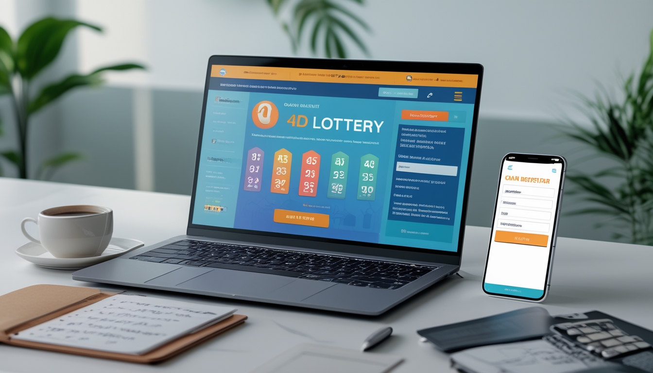Meja kerja dengan laptop yang menampilkan situs togel online, buku catatan dengan tulisan tangan, dan ponsel yang menunjukkan formulir pendaftaran.