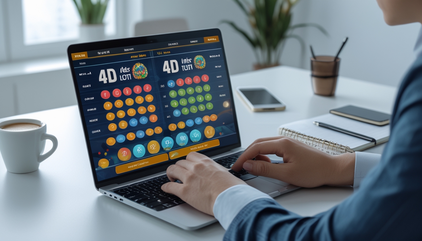 Seseorang menggunakan laptop di meja kerja dengan tampilan permainan togel 4D di layar, dikelilingi oleh alat tulis dan minuman.
