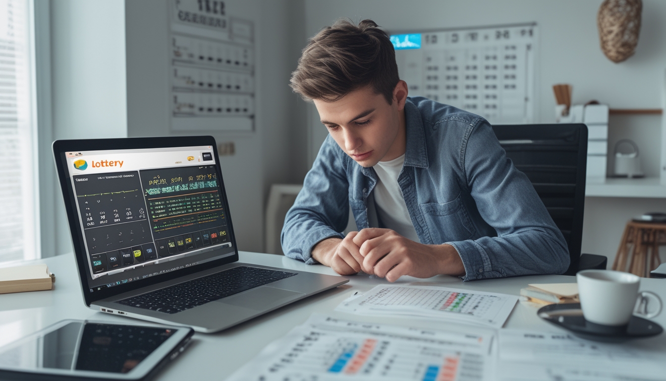 Seorang dewasa muda duduk di meja dengan laptop dan tablet yang menampilkan grafik dan angka, terlihat fokus menganalisis data untuk memprediksi angka togel.