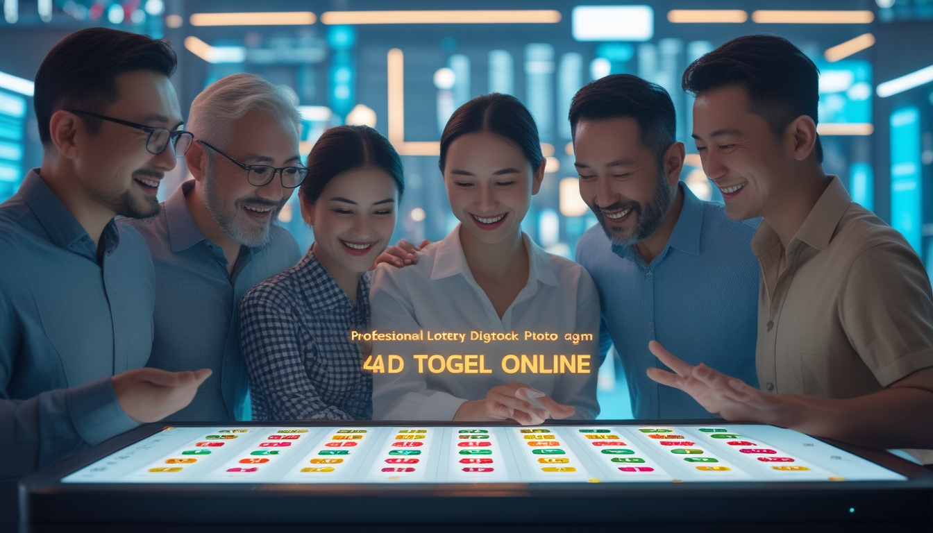 Sekelompok orang sedang menggunakan layar sentuh besar menampilkan angka lotere di lingkungan digital modern dengan latar kota futuristik.