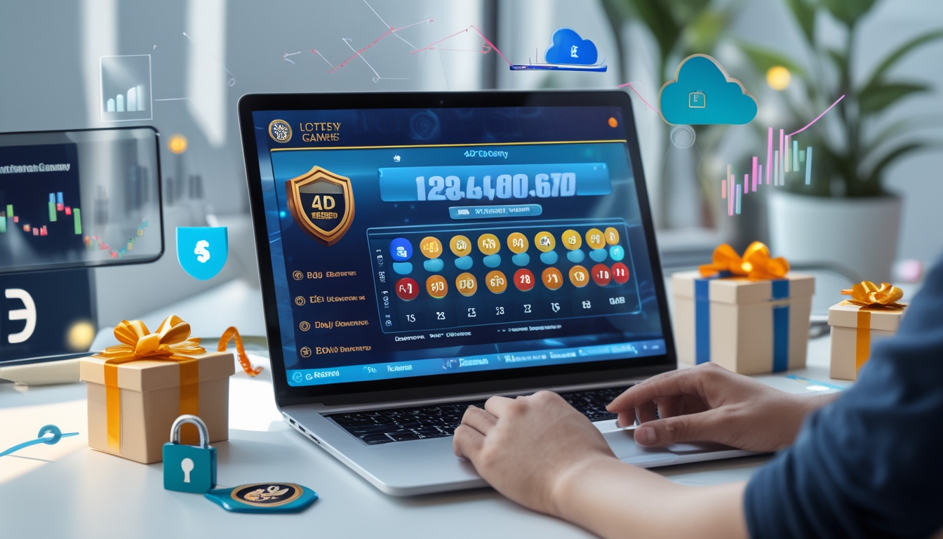 Seorang pengguna sedang menggunakan laptop di meja kerja dengan tampilan situs togel online yang menampilkan angka dan grafik, menunjukkan suasana memilih situs togel terpercaya.
