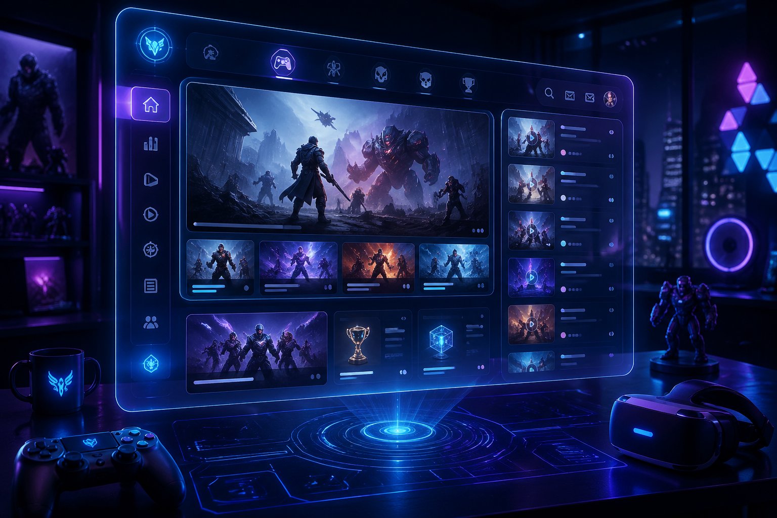 Tampilan antarmuka situs berita game online futuristik dengan layar holografik mengambang di atas meja modern, dikelilingi oleh perangkat game dan pencahayaan neon biru dan ungu.