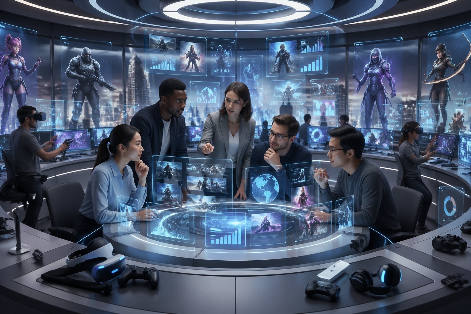 Sebuah ruang berita digital modern dengan beberapa orang yang sedang berdiskusi di depan layar holografik yang menampilkan ikon dan grafik terkait game online.