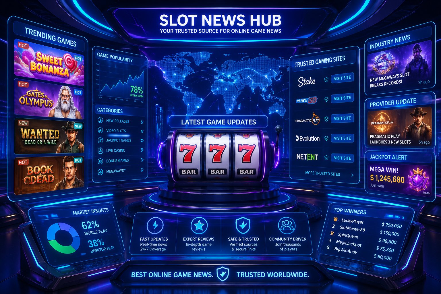 Sebuah ruang kontrol digital futuristik dengan layar holografik menampilkan permainan slot dan pembaruan berita game online.