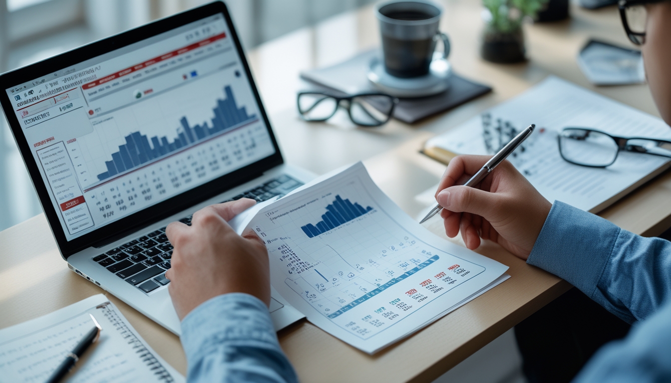 Seseorang sedang menganalisis data angka dan grafik di meja kerja dengan laptop dan smartphone.