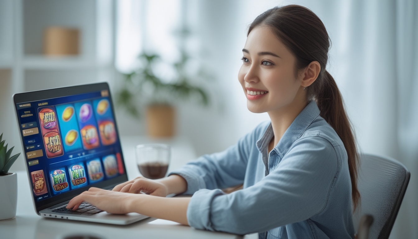 Seorang wanita muda duduk di meja dengan laptop yang menampilkan permainan slot online, terlihat fokus dan senang bermain.
