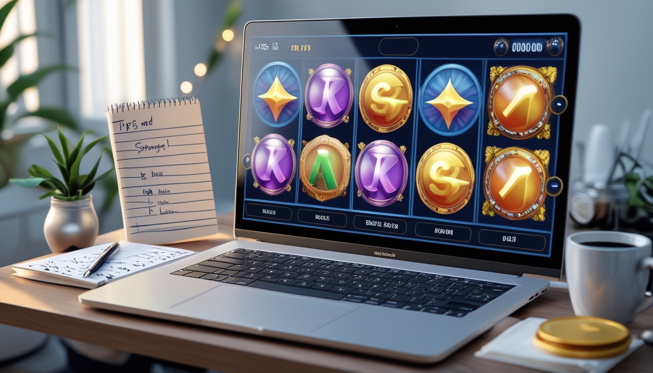 Seorang pemain duduk di depan komputer dengan permainan slot online yang berwarna-warni di layar, dikelilingi oleh buku catatan dan alat tulis di ruang kerja yang nyaman.