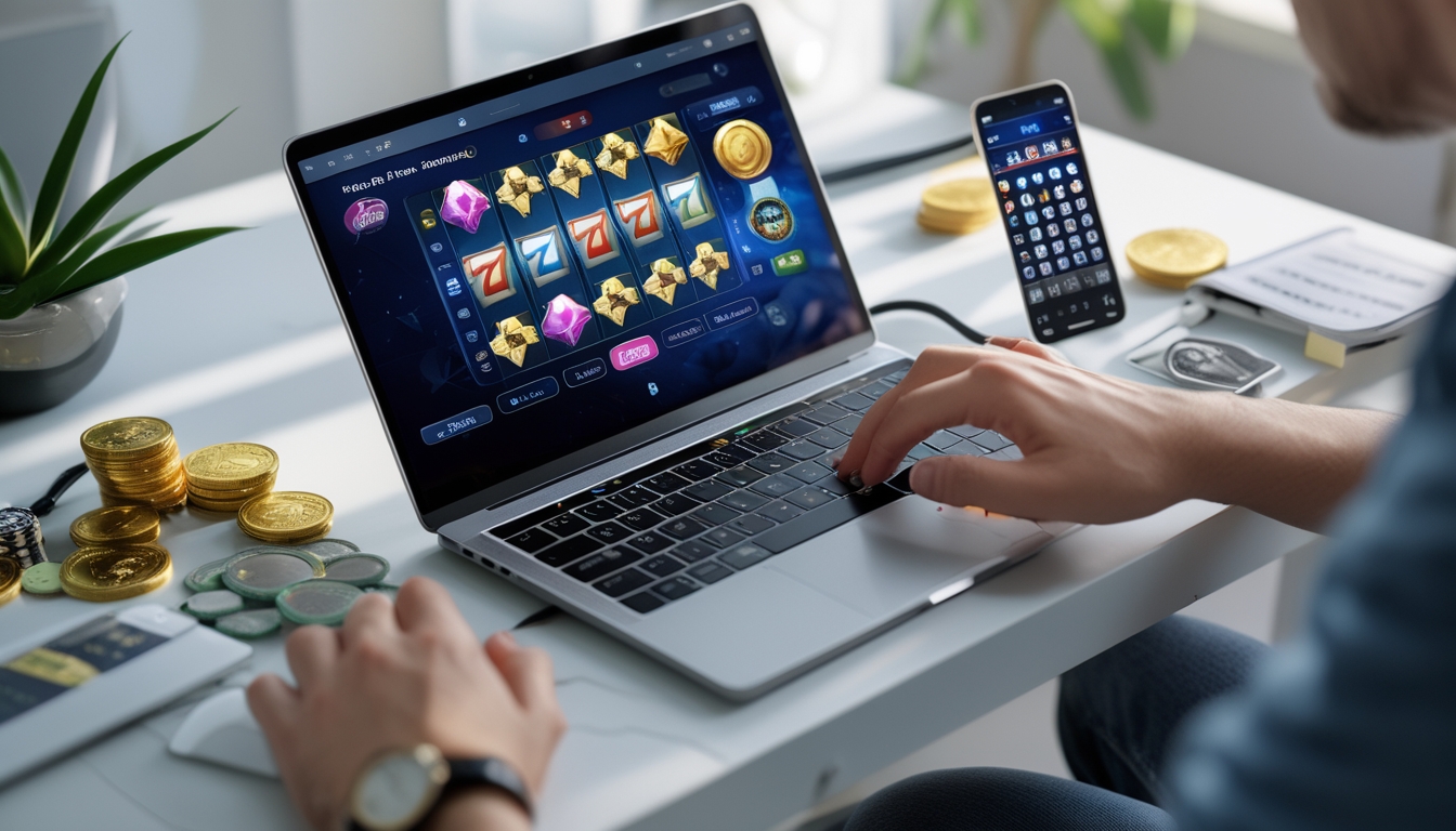 Seseorang bermain permainan slot online di depan komputer dengan layar menampilkan permainan slot berwarna-warni, dikelilingi oleh koin emas dan chip poker di meja.