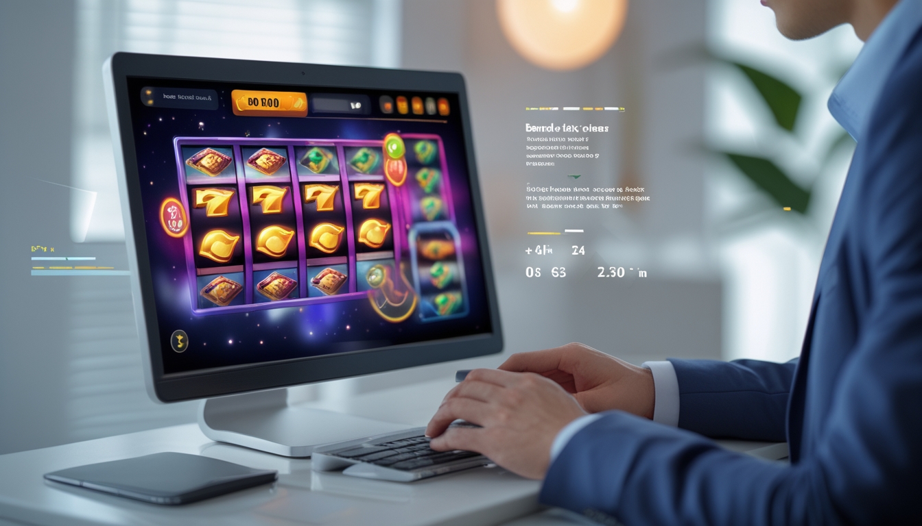 Seseorang sedang bermain permainan bandar slot online di komputer dengan tampilan layar mesin slot yang berwarna-warni.