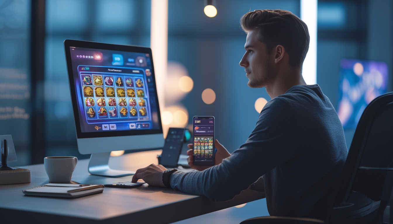 Seorang pria muda duduk di meja dengan laptop yang menampilkan permainan slot online, dikelilingi oleh catatan dan ponsel, menunjukkan suasana fokus dan semangat bermain.